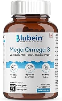 Blubein Mega Omega 3 Fish Oil Capsules for Men & Women, Triple Strength with 1250 mg (450 mg EPA & 300 mg DHA) for Muscle Recovery, Healthy Heart, Joints & Brain - 60 Capsules, 160 grams