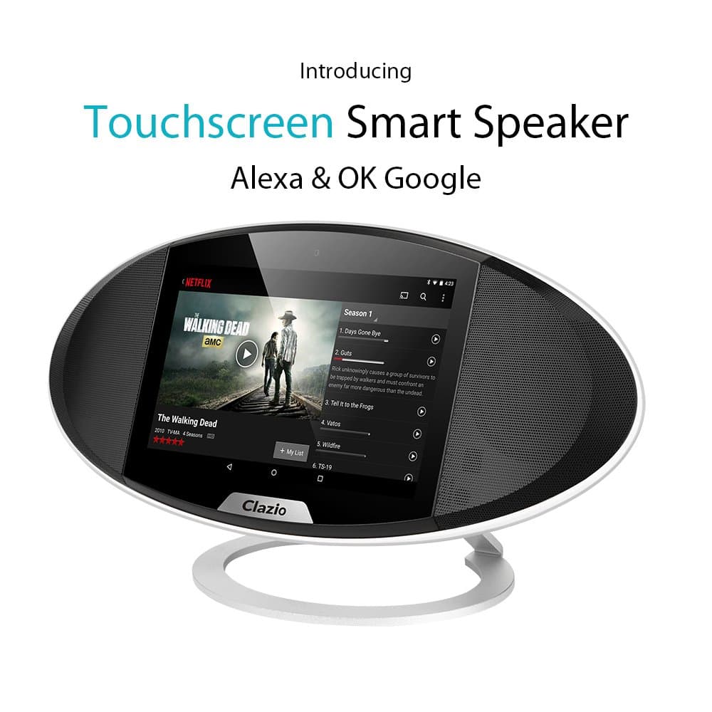 'Clazio Wireless Touch Screen Smart Bluetooth Speaker – WiFi Google Android OS 7 Portable Speaker with Voice Control for Alexa Or Ok To Perfect Speaker for Golf, Beach, Shower & Home, Black