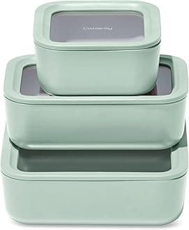 Caraway3pc Glass Food Storage Set – 10 Cup, 6.6 Cup, & 4.4 Cup Food Containers - Ceramic Coated - Non Toxic Non Stick Lunch Box with Glass Lids - Dishwasher, Oven, & Microwave Safe - Mist