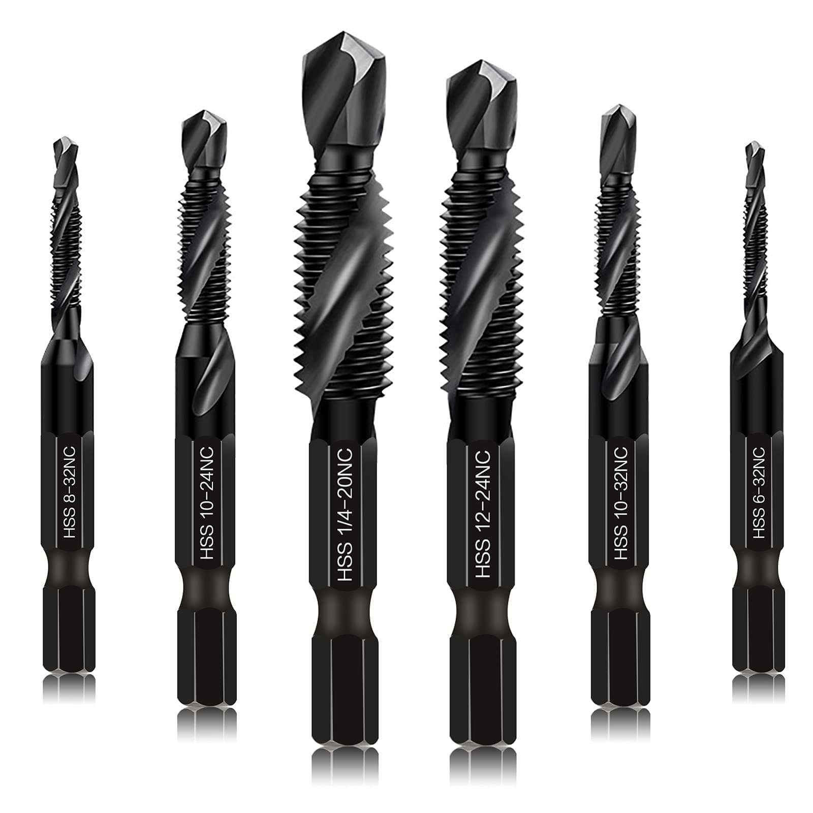 6 Packs Combination Drill & Taps Bit Set, Screw Tapping in SAE Size 6-32nc 8-32nc 10-32nc 10-24nc 12-24nc 1/4-20nc with Anti-Rust Black Coating, 1/4” Hex Shank and Storage Case