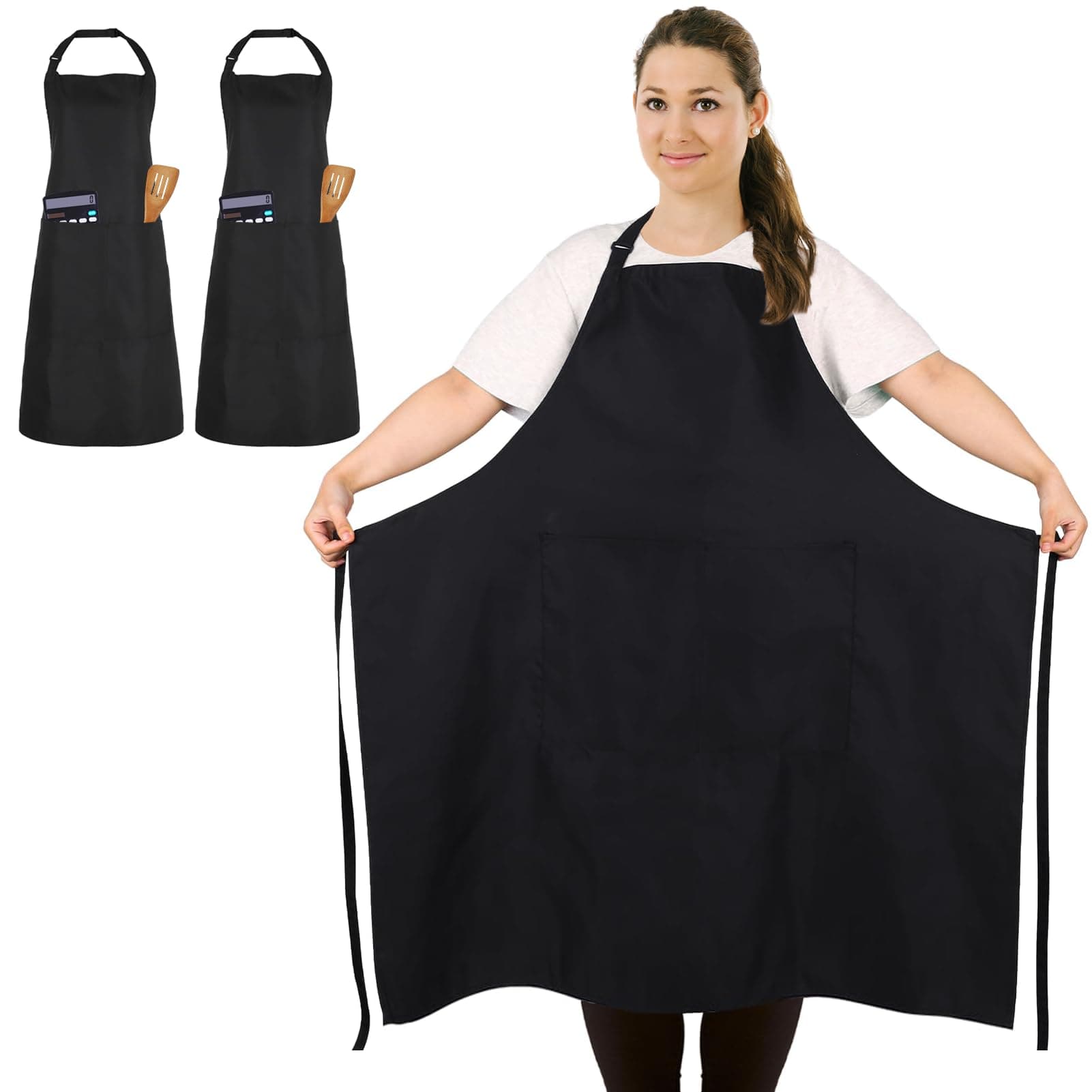 2 Pcs Plus Size Chef Apron, Black Apron, Unisex Aprons with 2 Pockets for Cooking, Grilling, BBQ, Work, Professional Aprons for Waiter Artist Hairdresser (Large Size)
