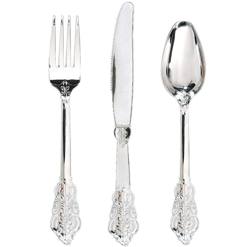 WDF 360 Pieces Silver Plastic Silverware- Disposable Flatware - Heavyweight Plastic Cutlery- Includes 120 Forks, 120 Spoons, 120 Knives for Christmas