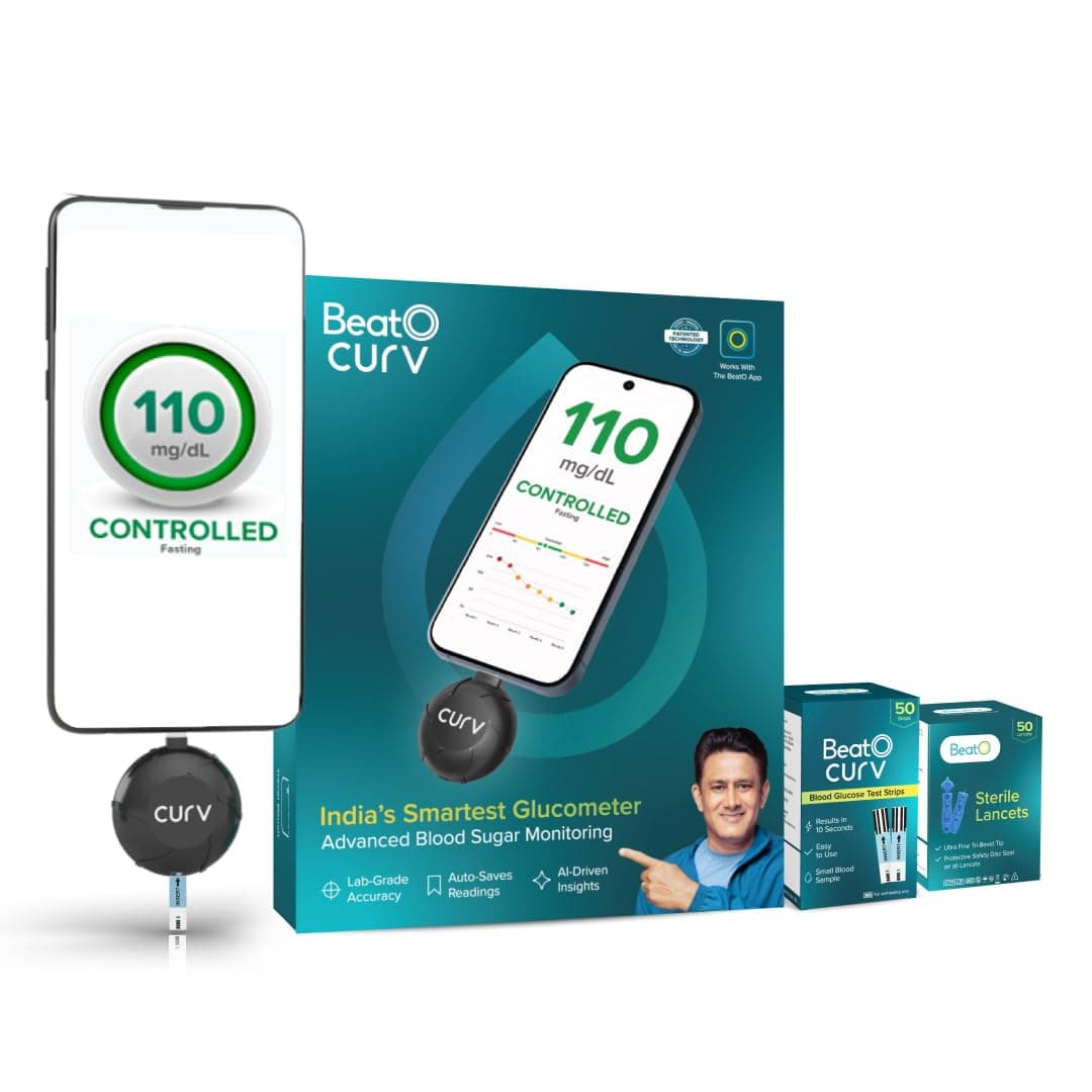 - BeatO CURV Sugar Test Machine | FREE 50 Strips & 50 Lancets (Type-C USB Connector) | Simple & accurate testing of Blood sugar levels at home |Smartphone Connected Glucometer Machine | Android only | ISO Certified: Made in India (Use Code C340 for BeatOMyDoc App)