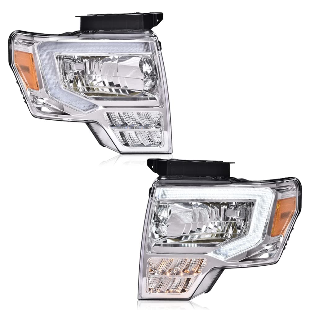 DOTCOM LED DRL Headlight Assembly, Compatible with Ford F150 2009-2014 Headlamps FO2503289 FO2502289 Driver Side & Passenger Side,Clear lens Chrome Housing Amber Reflector
