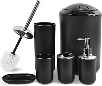 Bathroom Accessories Set 6 Piece Bath Ensemble Includes Soap Dispenser, Toothbrush Holder, Toothbrush Cup, Soap Dish for Decorative Countertop and Housewarming Gift (Shiny black-6pcs)