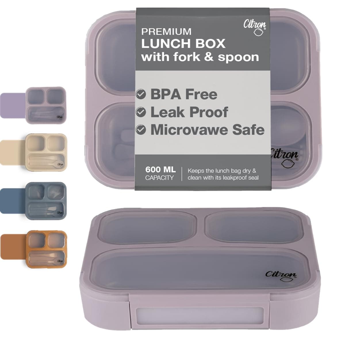 Citron- Bento Box Lunchbox comes with Fork and Spoon | Snack and Portion Control Containers for Kids & Adults | Leakproof and BPA Free- Purple