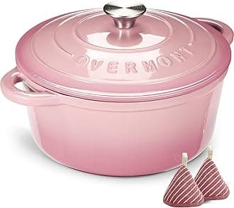 Overmont 26cm/5.2L Enamelled Cast Iron Round Casserole Pot With Lid Cookbook & Cotton Potholders - Non-stick Dutch Oven Cookware for Braising, Stews, Roasting, Bread Baking - Pink, 5.5QT