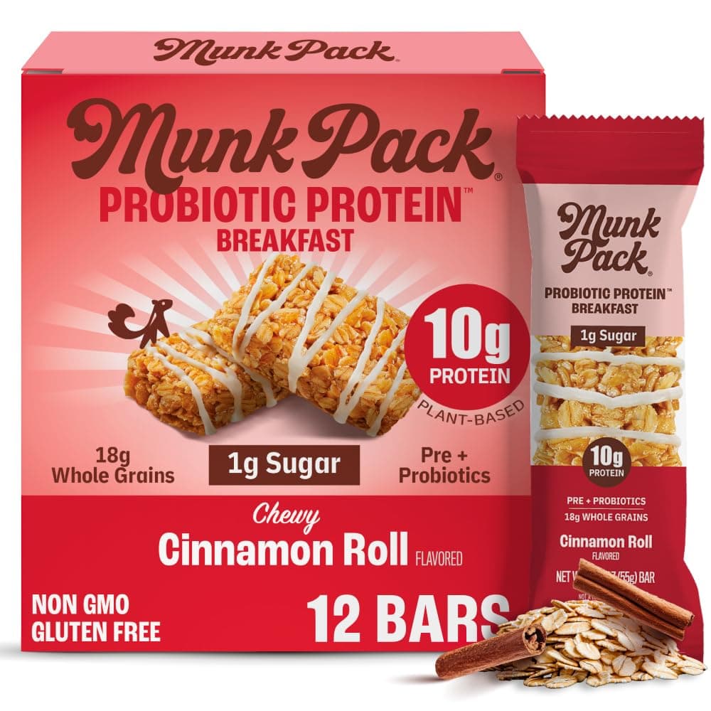 Munk Pack Cinnamon Roll Probiotic Protein Bars | 10g Plant Protein, 1g Sugar, 6g Fiber | Diabetic-Friendly Ideal Breakfast Bars - On-the-Go Snacks, Gluten-Free, Non-GMO | 12 Count