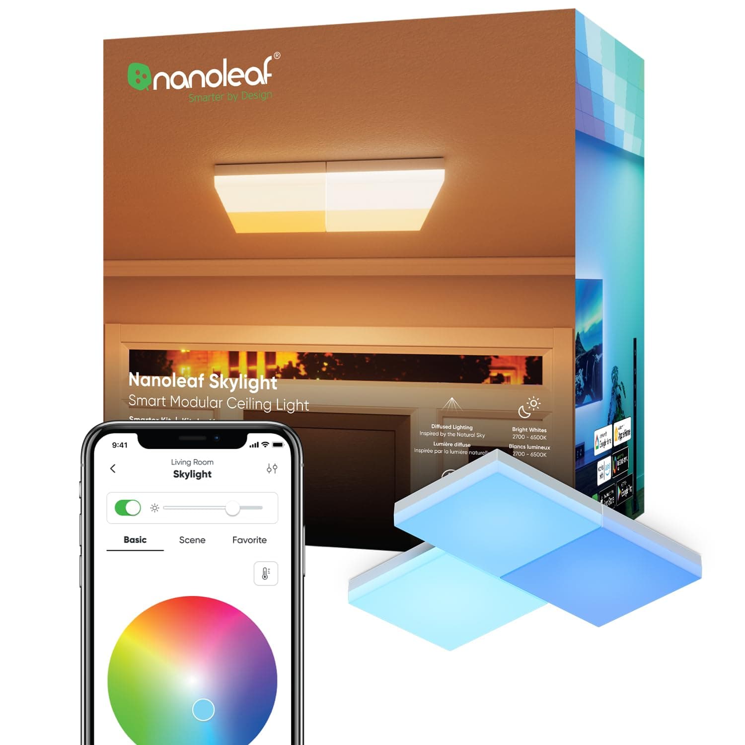 Skylight Starter Kit, 3 Smart LED RGBCW Ceiling Lights - Modular Wi-Fi Colour Changing and Dimmable Squares, Music & Screen Sync, Works with Apple Home Amazon Alexa Google Home
