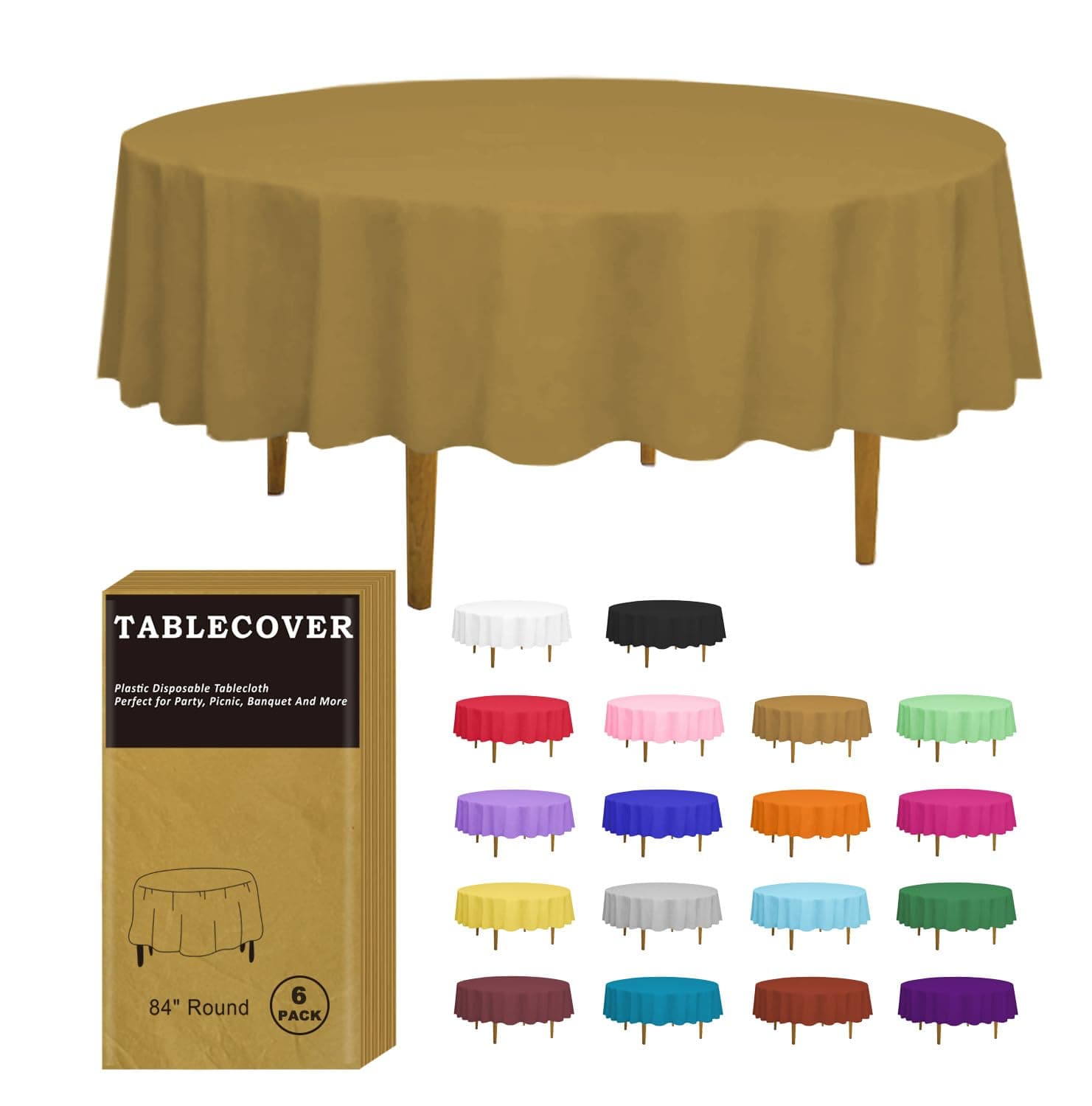 D&Z Plastic Table Cloth Disposable, 6 Pack Gold Round Tablecloth Individually Wrapped for Indoor&Outdoor, 84 Inch Table Cover for Party, Picnic, Birthday, Wedding & Dinner