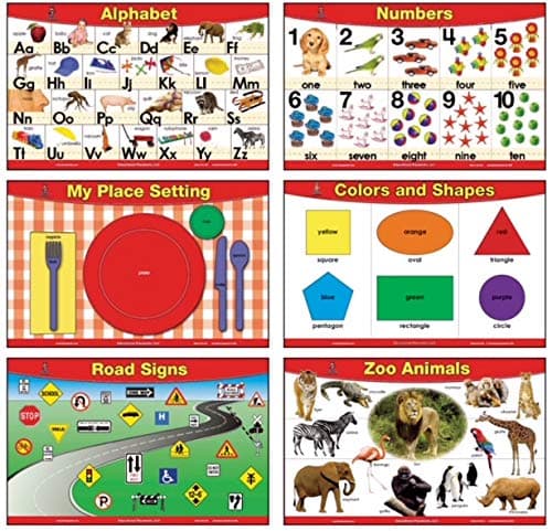 brainymats Educational Kids Placemats Set of 4 + 2 FREE (Basic Skills)- Alphabet, Counting 1 to 10, Place Setting, Colors and Shapes Plus 2 - FREE- Zoo Animals and Road Signs - Double Sided - Washable