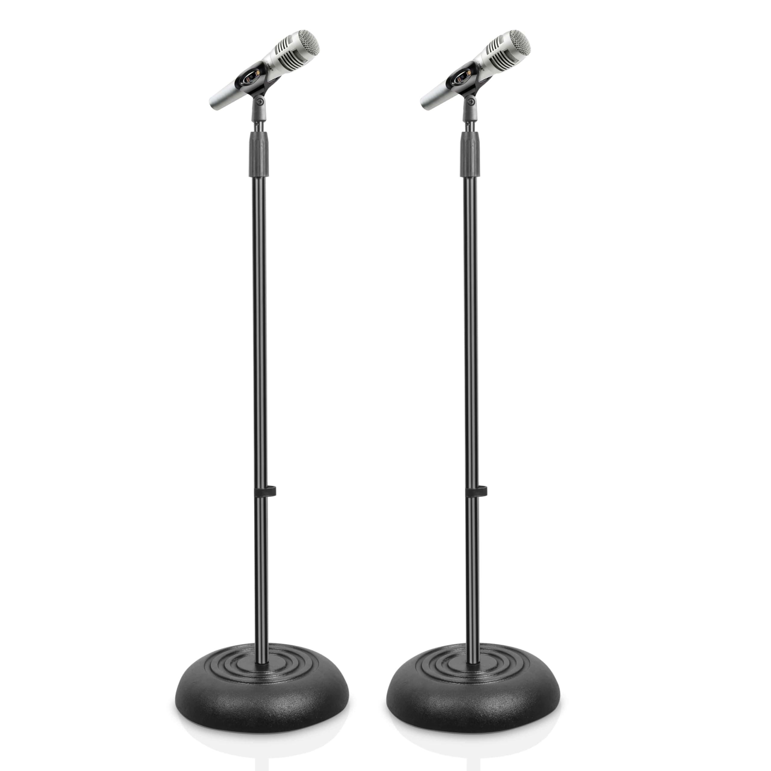 Pyle Universal Microphone Stand - Handheld Mic Compatible, Heavy Compact Base, Lightweight & Compact Design, 2.8 to 5 Ft Height Adjustable Clamp, Pivot Angle Clip, Home/Studio Use (Pair)
