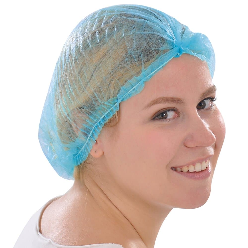 Raytex 21" Disposable Non-Woven Mob Caps with Elastic Band, Dustproof and High Comfort Clipped Hair Net Head Cover for Salon, Beauty, Food Service, Manufacturing (100 Pack,Blue)