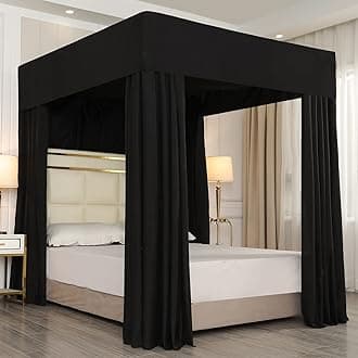 Mengersi Black Four Corner Post Bed Canopy Bed Curtains Sheer Canopy Bedroom Decoration Lightproof (Queen, Black)
