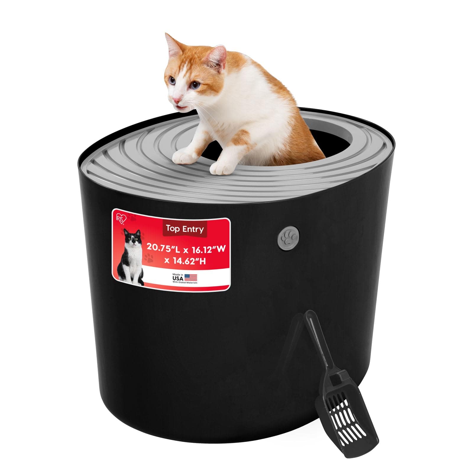 IRIS USA Large Top Entry Cat Litter Box Made in USA, Covered Enclosed Design with Lid, Litter Catching Grooved Top, Scatter Shield, Dog Proof, Scoop Included, Odor Control, Black/Gray
