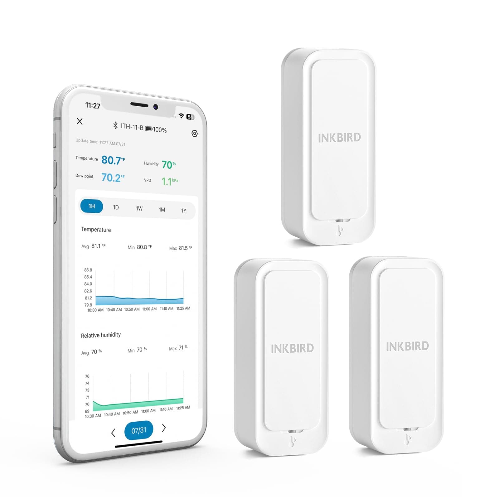 INKBIRD Bluetooth Thermo-hygrometer ITH-11-B (3 Packs), Temperature and Humidity Monitor with Bluetooth APP Remote Control, Ultra Long Battery Life, IP65 Waterproof for Home Reptile Refrigerator