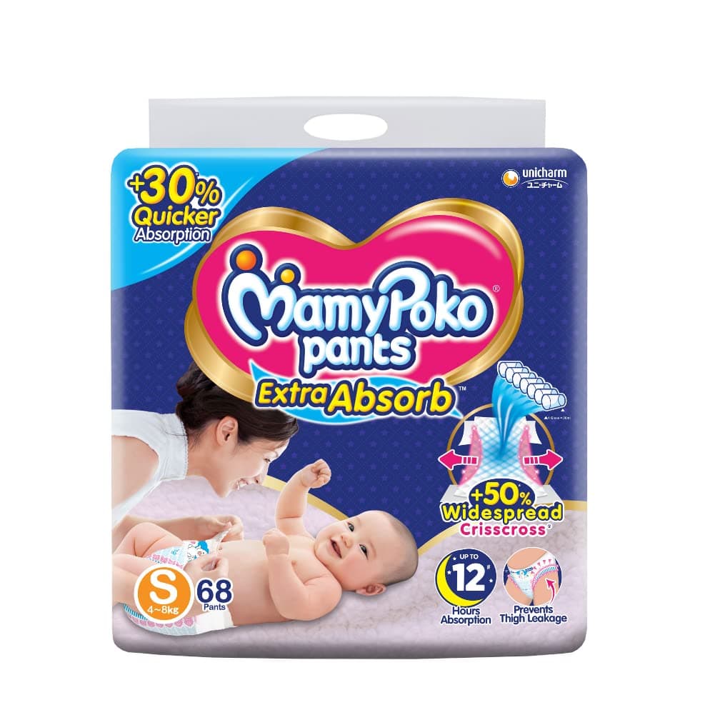 MamyPoko Pants Extra Absorb Baby Diapers, Small (S), 68 Count, 4-8 kg
