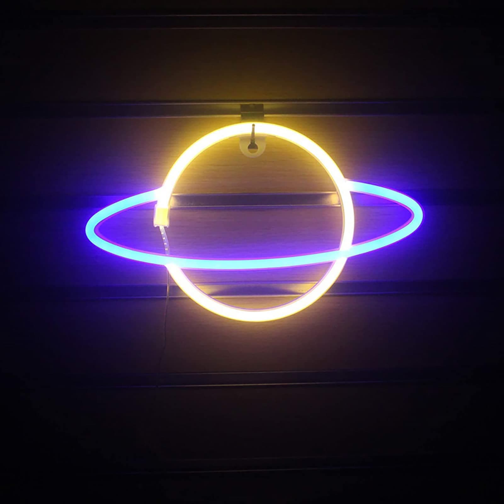 Planet Neon Light LED Neon Light Signs Decorative Light Wall Light Battery or USB Operated Planet Lamp Light up for Bedroom Game Room Bar Party Kids Gift (Yellow+Blue)