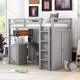 Okak Twin Size Loft Bed Multifunctional Twin Bed Frame with Desk and Drawers Loft Bunk Bed Over Desk with Ladder and Safety Guardrail,Strong Solid Wood Slats Support,Grey