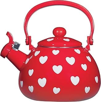 Whistling Tea Kettle for Stove Top Enamel on Steel Teakettle, Supreme Housewares Red Hearts Design Teapot Water Kettle Cute Kitchen Accessories Teteras (2 Quart, Red Hearts)