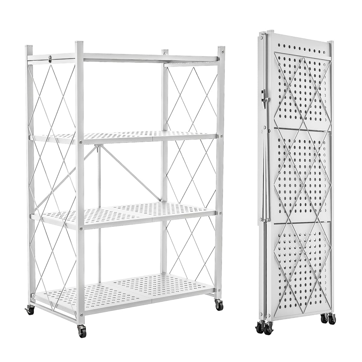 Lifetime Home 4-Tier Foldable Storage Shelf with Wheels - Metal Rack Collapsible Shelving Unit Display, Rolling Cart for Books Kitchen Storage Shelves, Pantry & Closet Organizer, Office Room Decor