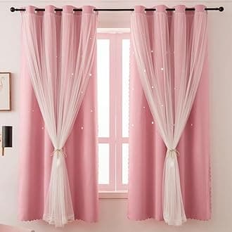 FtinalaFtinala Pink Curtains for Girls Bedroom - Blackout Aesthetic Star Cutout Double Layer with Sheer Overlay, 72 Inch Long 2 Panels Set, Nursery Curtain Kids Room Decor Drapes