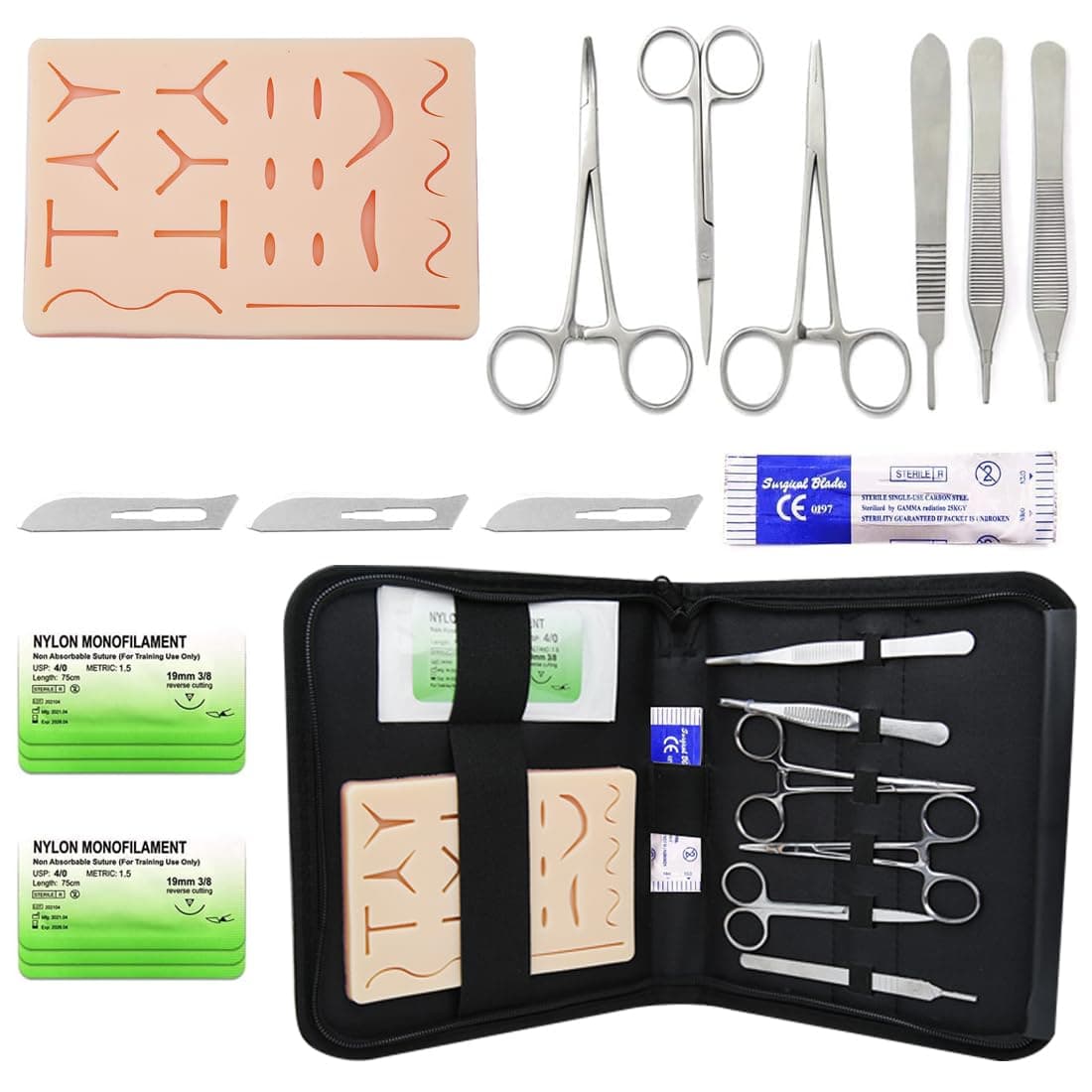 Suture Practice Kit for Medical Students Complete Surgical Training Include 17Pre-Cut Wounds Silicone Suture Pad,6 Suture Tools,6 Sterile Thread & Needle,5 Dissection Blades with 1 Bag(18 Pcs)