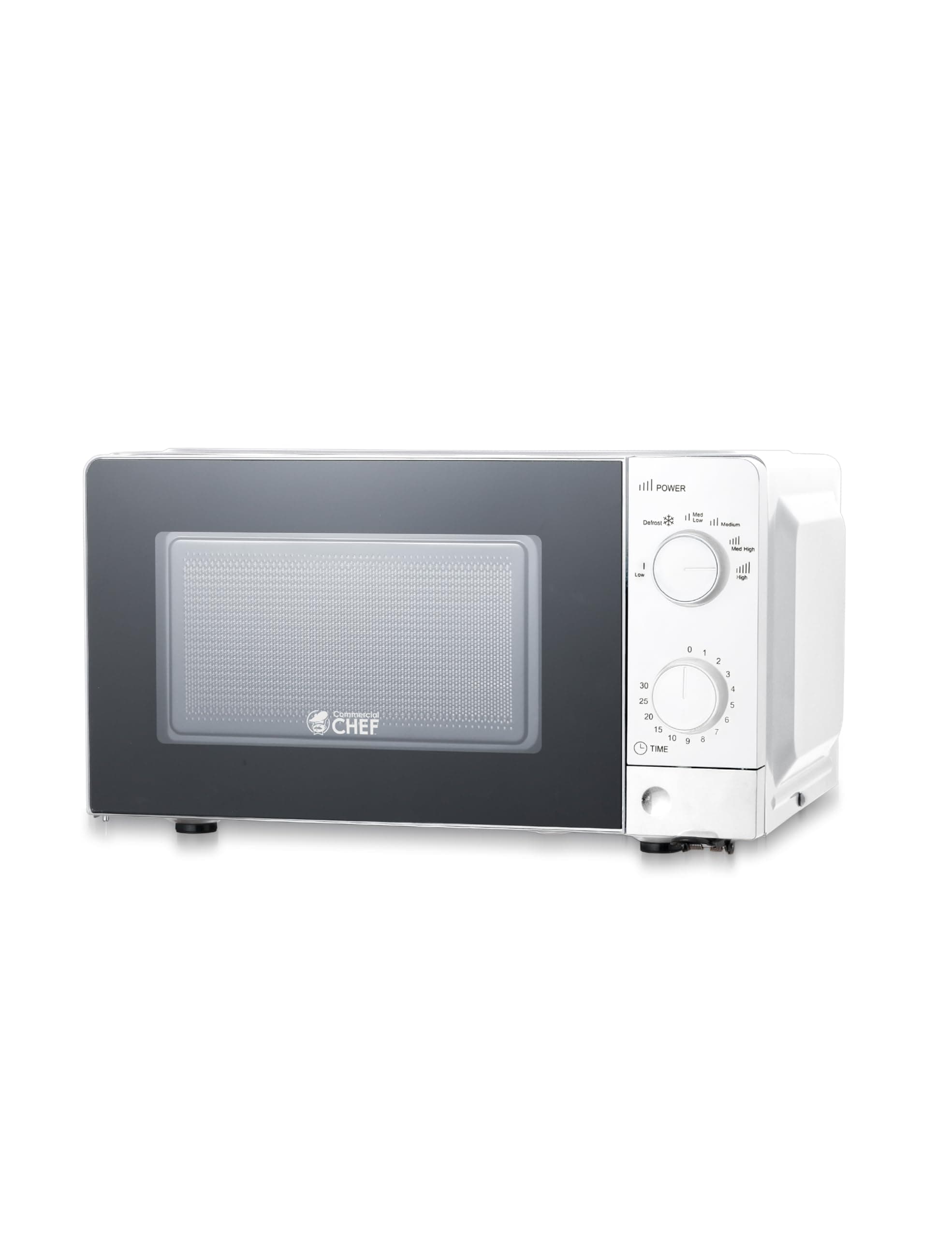 Commercial Chef 0.6 Cu. Ft. Countertop Microwave Oven, Mechanical Dial Controls, 700W, Pull Handle Door, 6 Power Levels, CHM660W, White