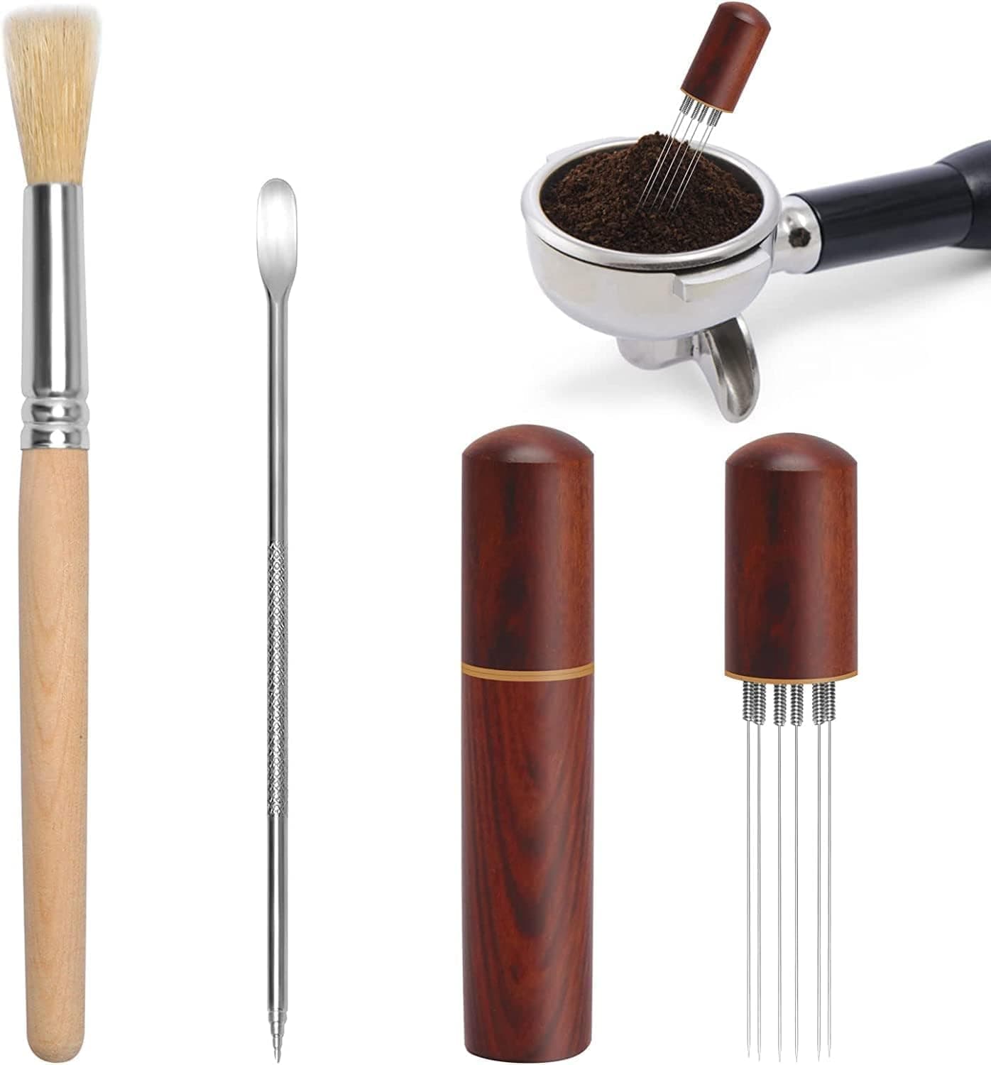 Espresso Distribution Tool 6 Needle Espresso Coffee Stirrer 0.4mm Thick Espresso Stirrer with Nature Wood Handle and Stand Coffee Stirrer Tool with Coffee Art Pen and Coffee Brush for Barista