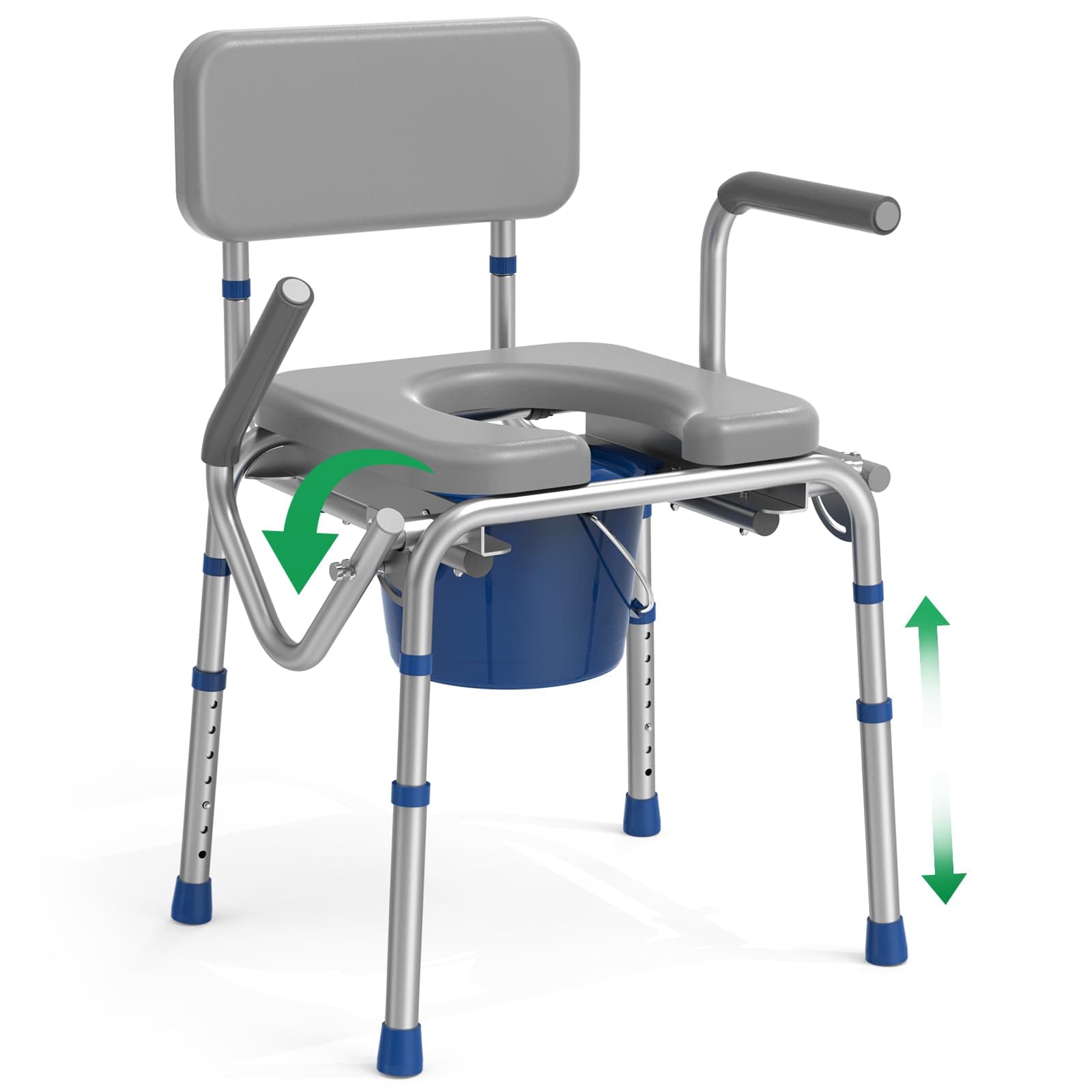 - Loyoda Drop Arm Bedside Commode, Commode with Padded Seat and Backrest, 500lbs Capacity, 5.81QT Removable Bucket, Adjustable Height Portable Toilet for Adults, Gray