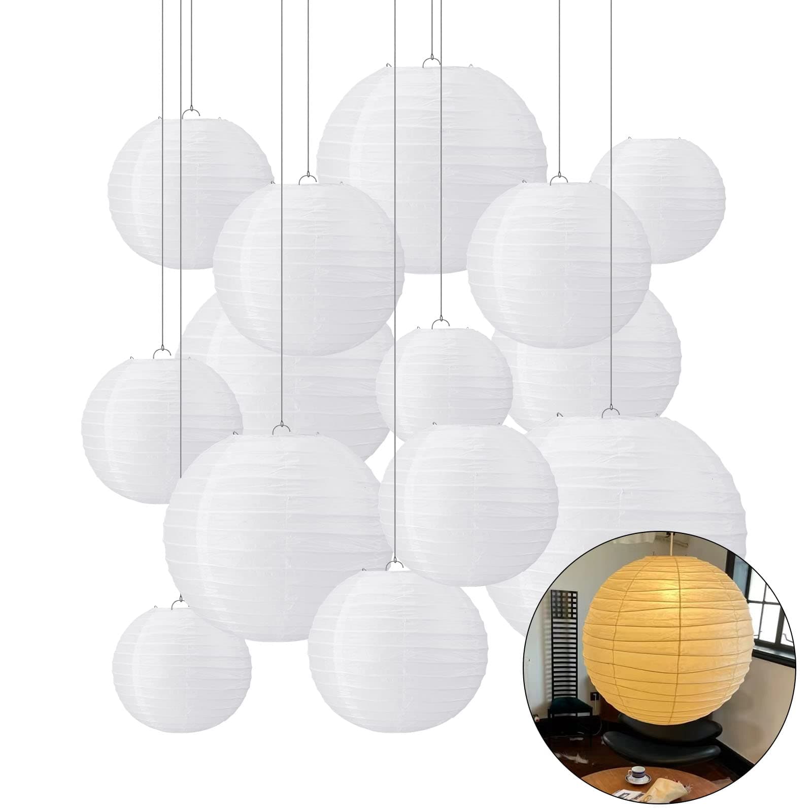 30 Pack White Paper Lanterns 4" 6" 8" 10" 12", Chinese Lanterns Outdoor Indoor, Hanging Paper Lanterns Decorations, Paper Lampshades Assorted Sizes for Wedding Festival Party Decorations