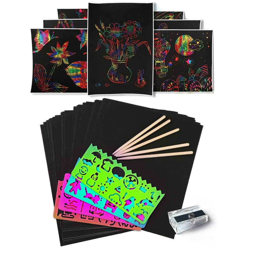 MAXMAXI Children's DIY Scratch Picture Scratch Book 50pcs Rainbow Scratch Art Paper Boards Pads 10.2" x 7.5" Kids Travel Activity Kit with 5 Wooden Styluses &4 Stencils & 1 Pencil Sharpener