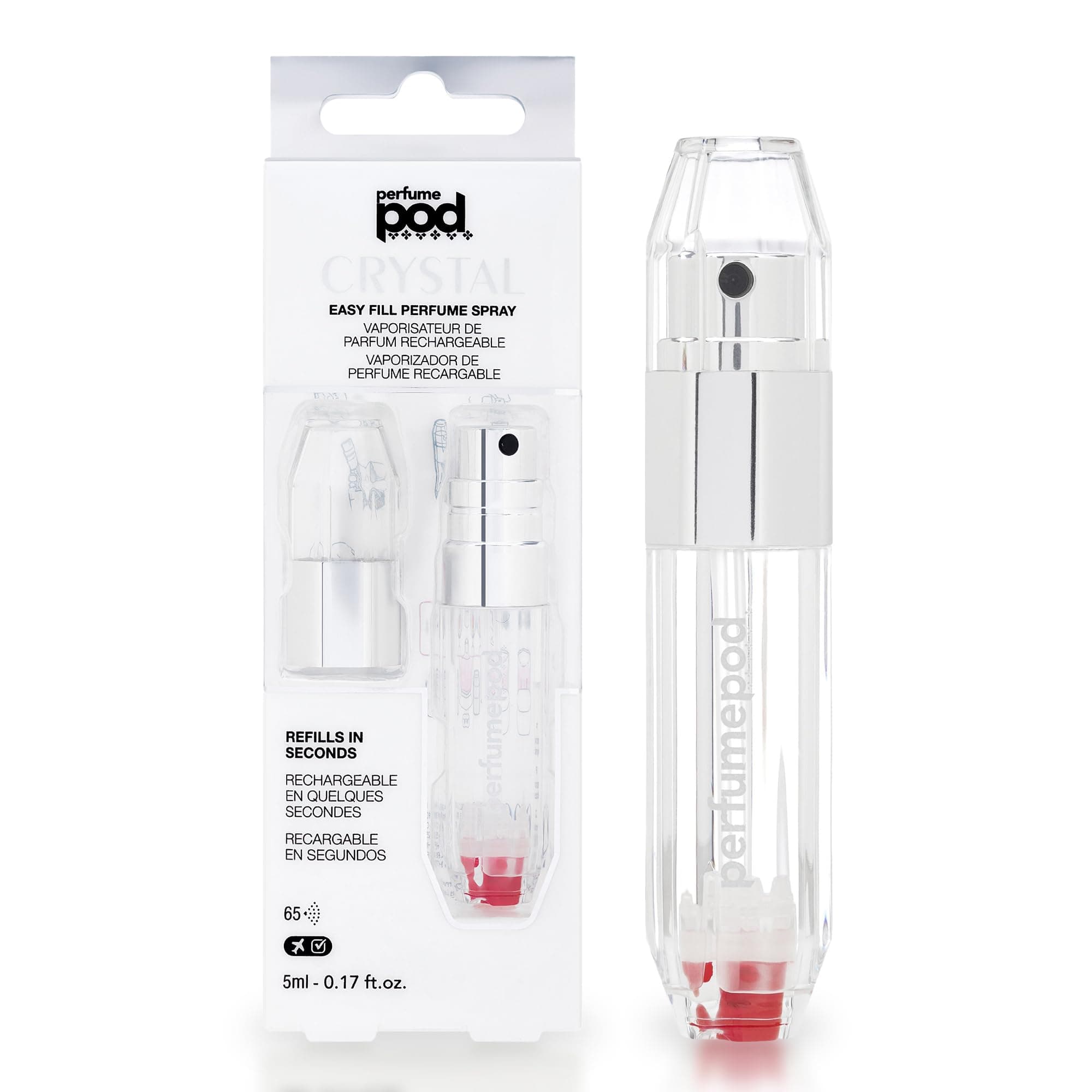 Perfume Pod Crystal Travel Perfume Atomizer - Genie-S Pump System - High Definition Mini Pump Spray - Refillable and Zero Glass - Anti Scratch and Breakage - Silver- 0.6oz