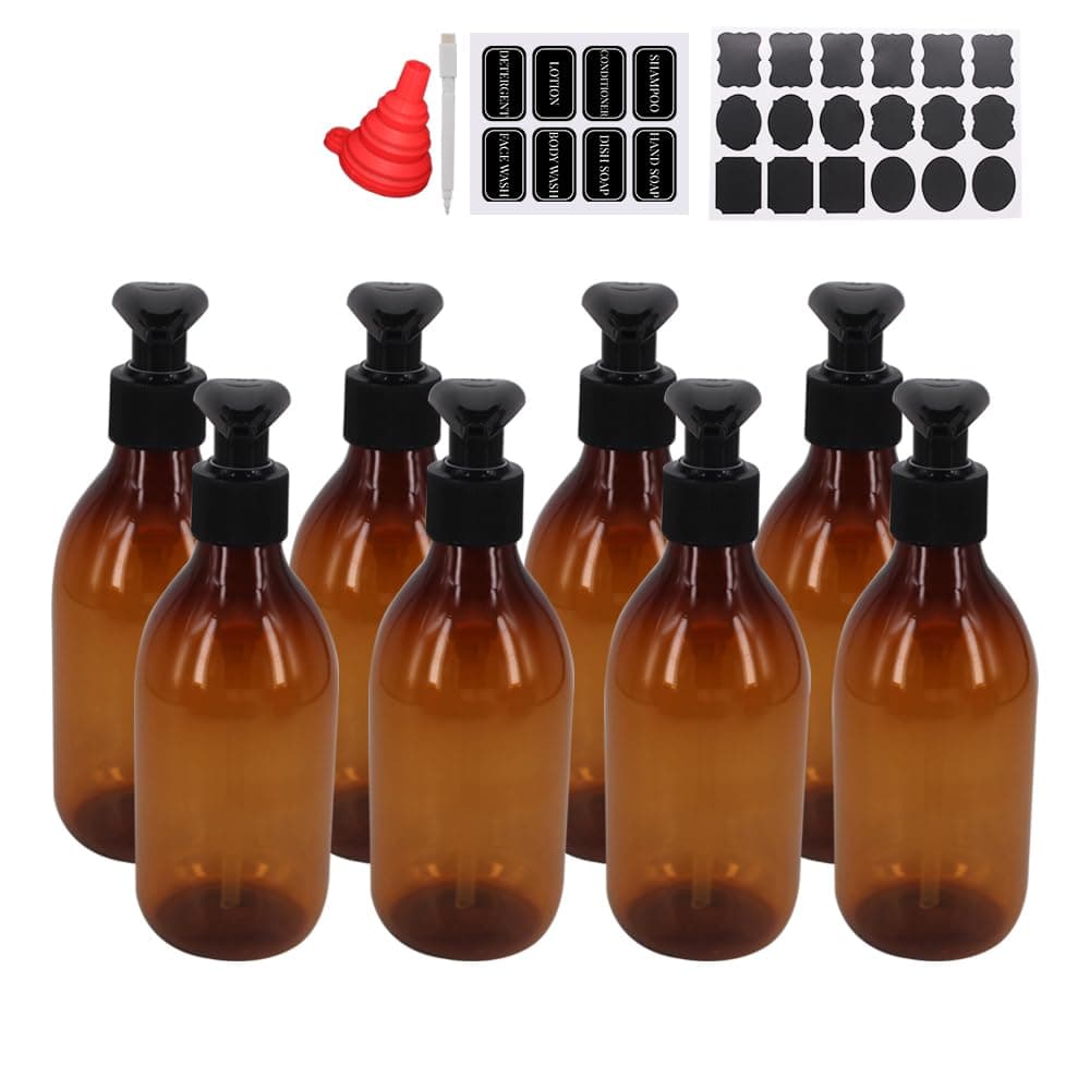 8 Pack 8OZ Empty Plastic Pump Lotion Bottles with 1 Pen, Labels & Silicone Funnel, Amber Color Lotion Dispenser with Locking Lotion Pump for Body Wash, Shampoo, Massage Lotion, Gel