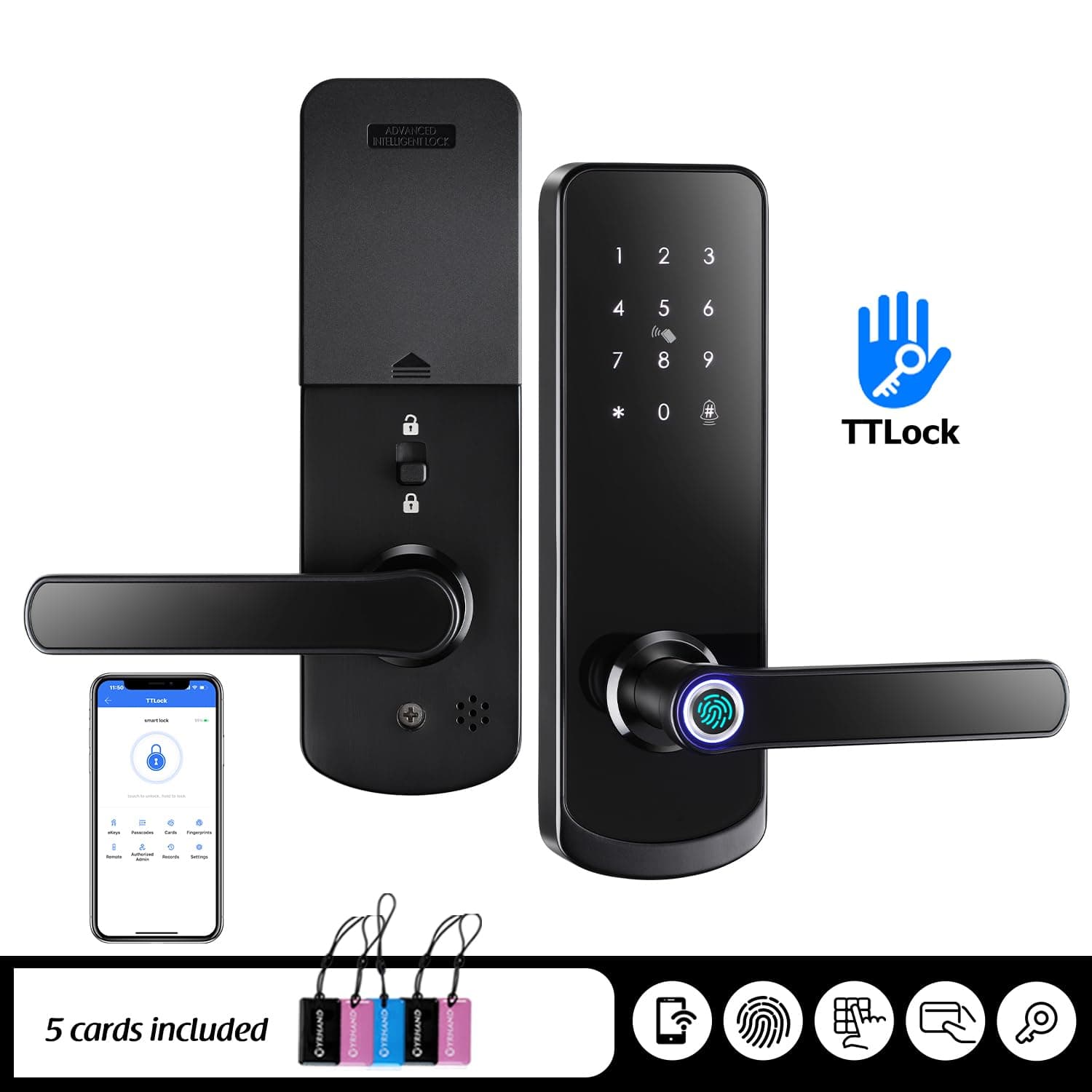 Smart Lock,YRHAND nx1 Plus Smart Lock with Handle,Fingerprint Door Lock TTLock Smart Lock with Keypad and Card,Digital Door Lock Smart Door Lock Smart Lock for Front Door (Black Right Handle)
