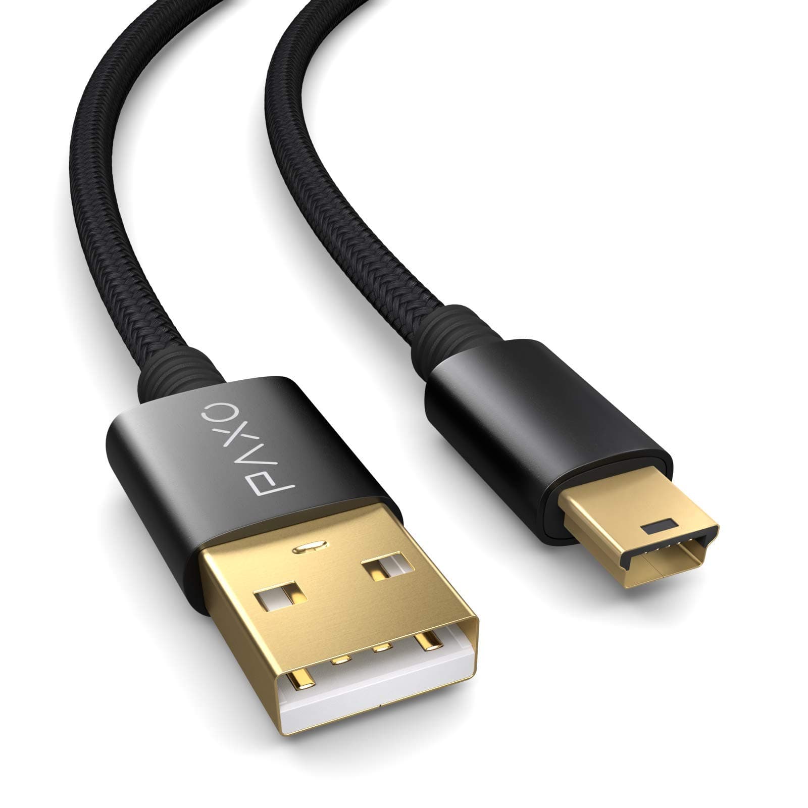 PAXO 0.3m nylon mini USB cable black, USB to mini USB charging cable, gold plug, braided cable (braided)