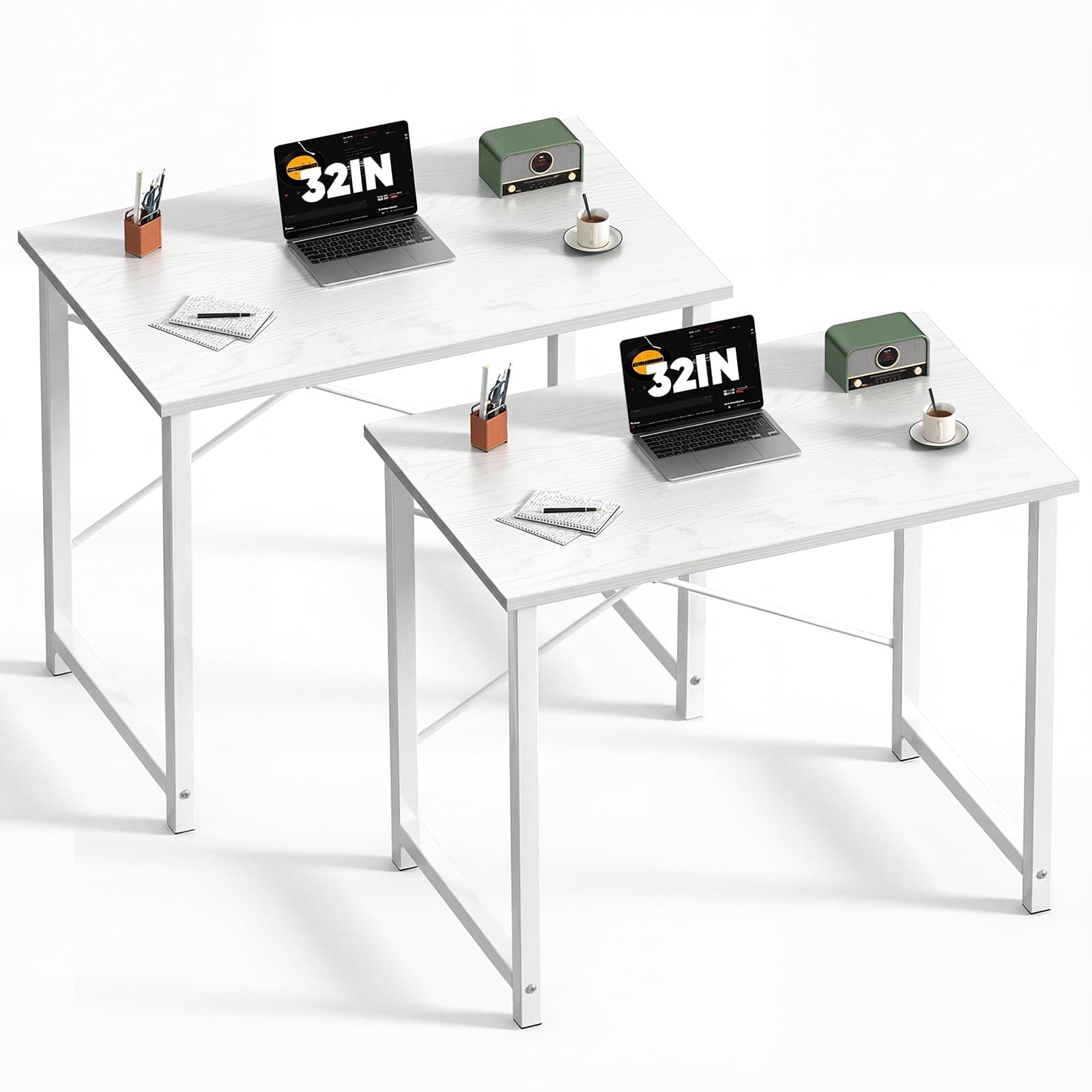 Small Computer Office Desk 32 Inch Student Study Writing Work with Metal Frame Wood Tabletop Modern Simple Home Bedroom PC Table - White, 2 Pack