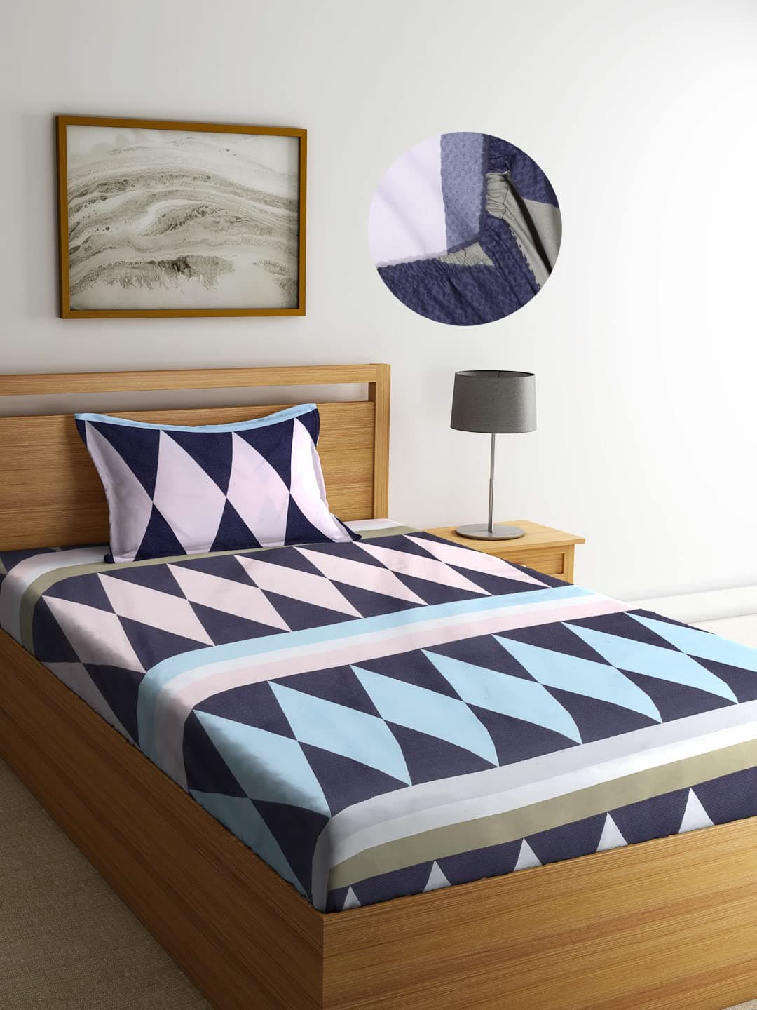 Arrabi Multi Geometric TC Cotton Blend Single Size Fitted Bedsheet with 1 Pillow Cover | ARESBS-1154-Multi