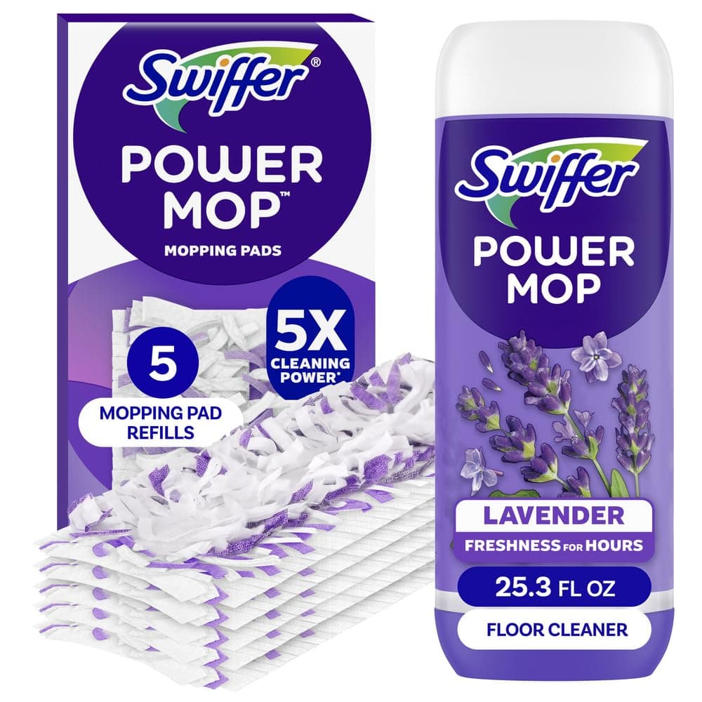 Power Mop Refill Pack, Floor Cleaner for Mopping Tile, Vinyl, Laminate, Wood in Home, Bathroom, Kitchen, All Purpose Multi-Surface Cleaning, 5 Pads + 1 Lavender Solution