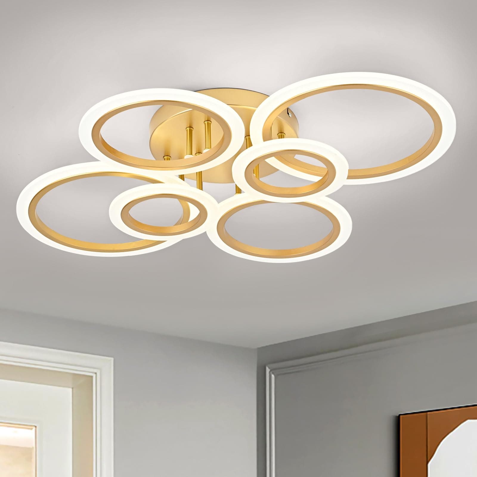 Modern LED Flush Mount Ceiling Light, 6 Rings Gold Close to Ceiling Light Fixtures, Living Room Lighting Fixture Ceiling Lamp for Kitchen, Bedroom, Laundry Room, 4000K Not Dimmable