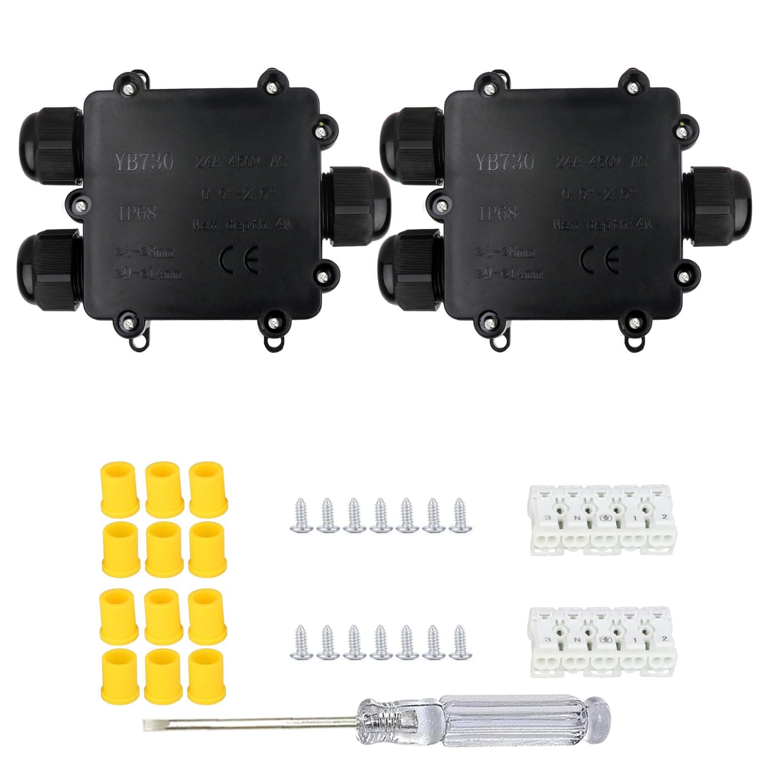 Helunsi 2 Pcs Waterproof Junction Box 3 Way, IP68 External Waterproof Electrical Junction Box, Black Underground Junction Box Outdoor Cable Connector, for Diameter 5mm -14mm Wire Gland (Larger)