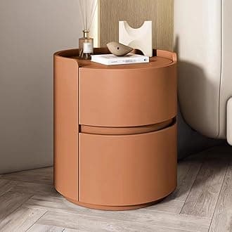 ERICAT Round Night Stand Nightstand, Wooden Bedside Table for Bedroom, Outer Leather Bedside Table, Nightstand Storage Living Room end Tables Drawer Shelf Bed Side Table(Orange,45x45x50cm)
