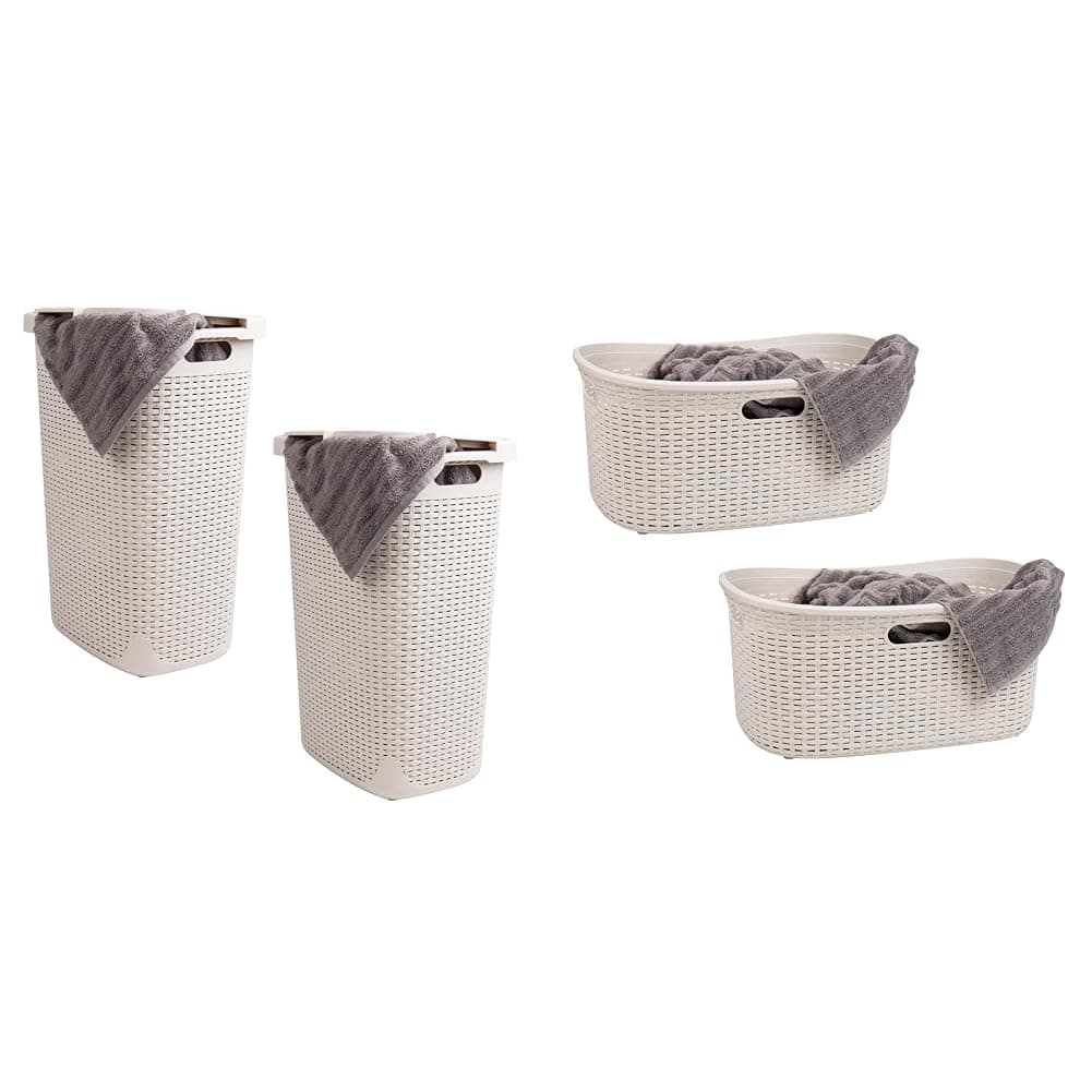 Mind Reader60L and 40L Laundry Hampers, Clothes Baskets, Wicker Design, Plastic, Set of 2, Ivory