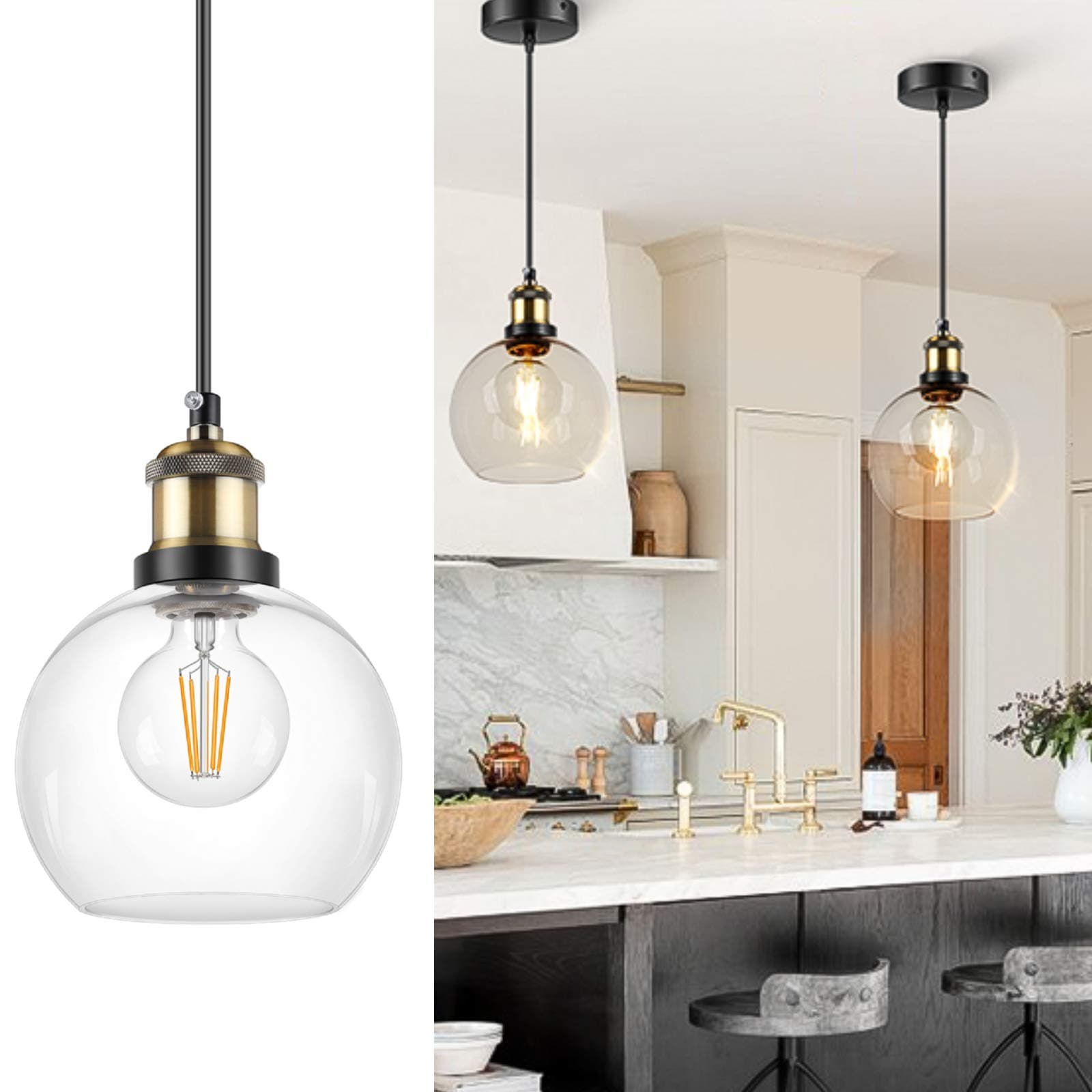 WENFENG Globe Glass Pendant Lighting, 7' Diameter Small Adjustable Height E26 Base Hanging Lamp, Clear Pendant Light Fixtures for Kitchen Island, Dining Room, Entryway, Hall