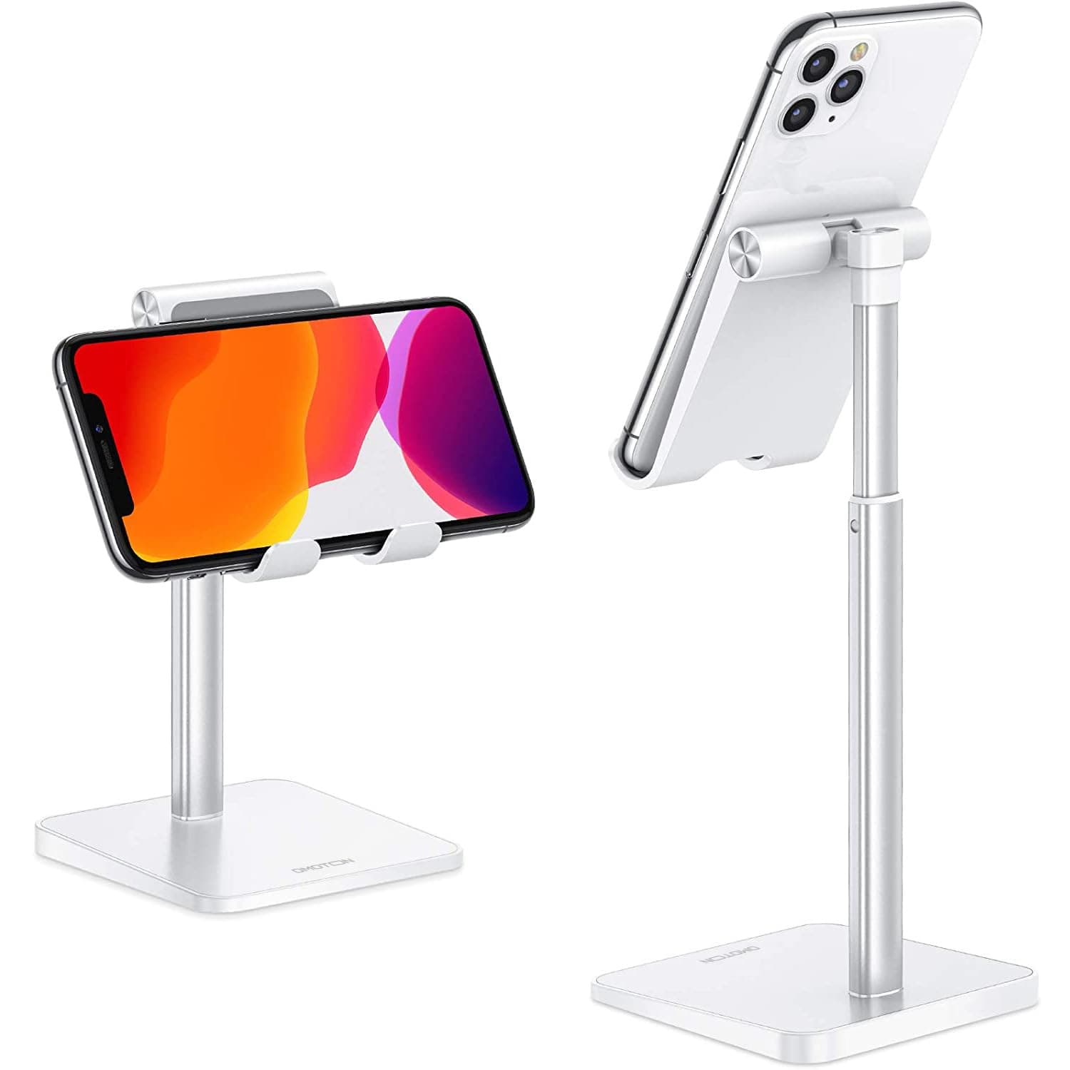 Omoton Cell Phone Stand, Adjustable Angle Height Desk Phone Dock Holder for iPhone SE 2/11 / 11 Pro/XS Max/XR, Samsung Galaxy S20 / S10 / S9 / S8 and Other Phones (3.5-7.0-Inch),Silver