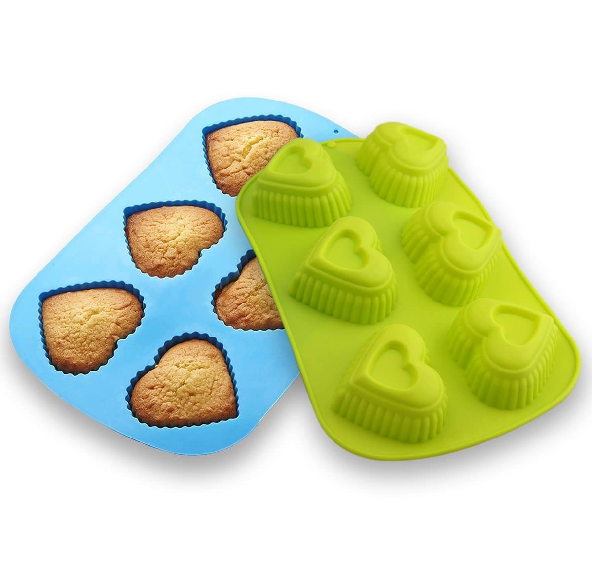 Seych 2 Pcs 6-Cup Silicone Muffin / Cupcake Baking Pan [Heart-Shaped Baking Cups] - Non-Stick, Heat Resistant (Up to 440°F) Mini Cake Baking Mold / Tray, Food Grade Reusable Bakeware, Blue Green