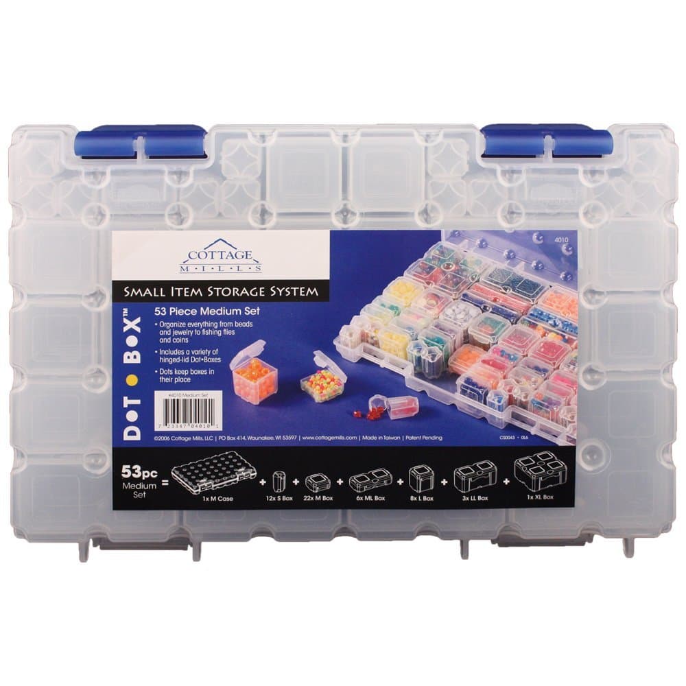 – Cottage Mills DotBox® Medium Set 53 pcs. 52 storage boxes in a carrying case. It’s the ultimate small item storage system. Perfect for bead, jewelry, craft and small part storage