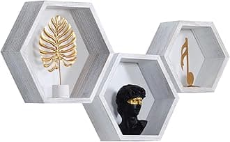 Hexagon Shelves,Honeycomb Shelves,Wall Mounted Floating Shelf,Rustic Wood Octagon Hanging Storage Shelves Set of 3 for Living Room Bedroom Kitchen Office Farmhouse Hexagonal Decor(Weathered White)
