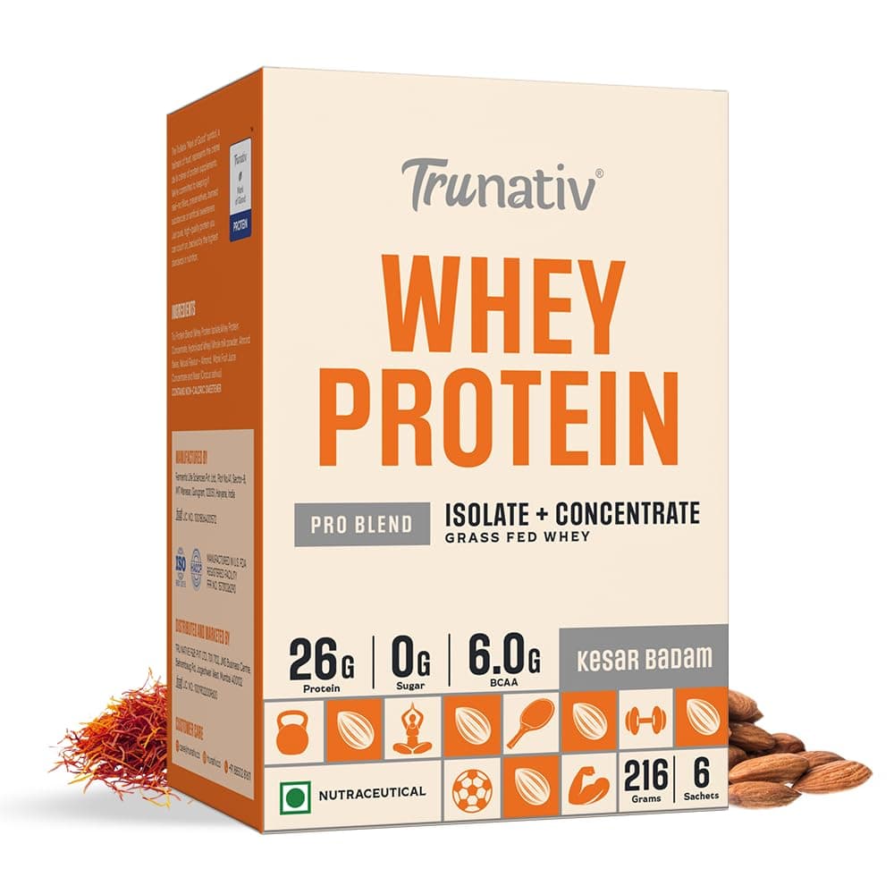 Pro Blend Whey Protein Powder Isolate & Concentrate | 100% Light & Clean Protein Powder | 26g Protein | 6g BCAA | 12.52g EAA | No added sugar | Kesar Badam | 216g