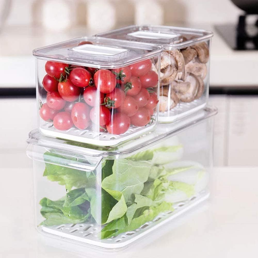blitzlabsProduce Saver Fridge Fresh Keeper Food Storage Containers, Stackable Organizer Bins Baskets with Lids and Removable Drain Tray for Veggie, Berry, Fruits and Vegetables,Set of 3
